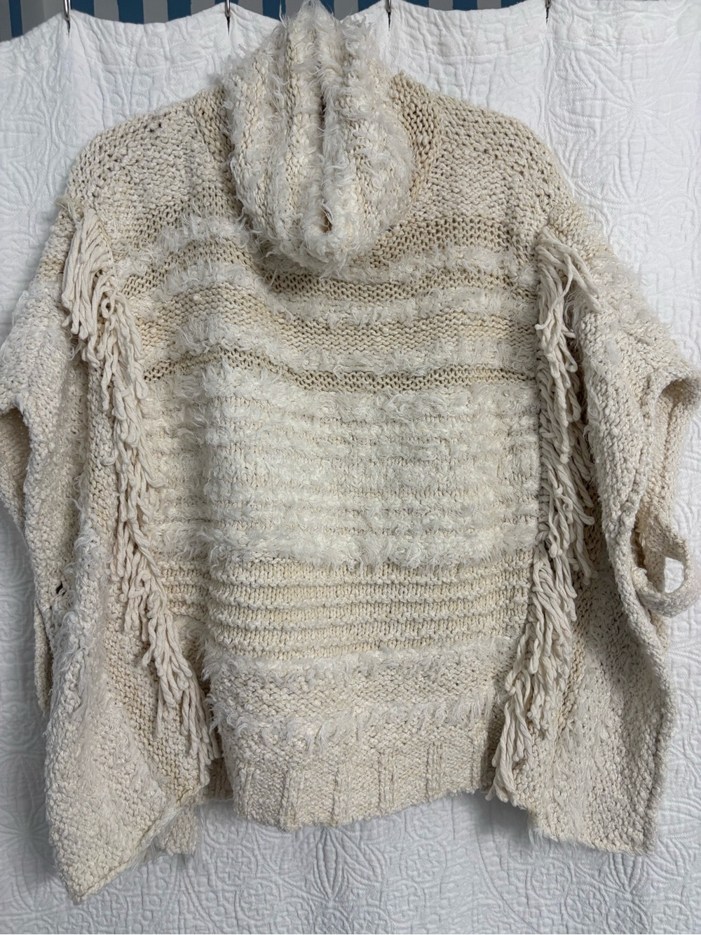Anthropologie Cozy Cream Fringe Hooded Women's Sweater